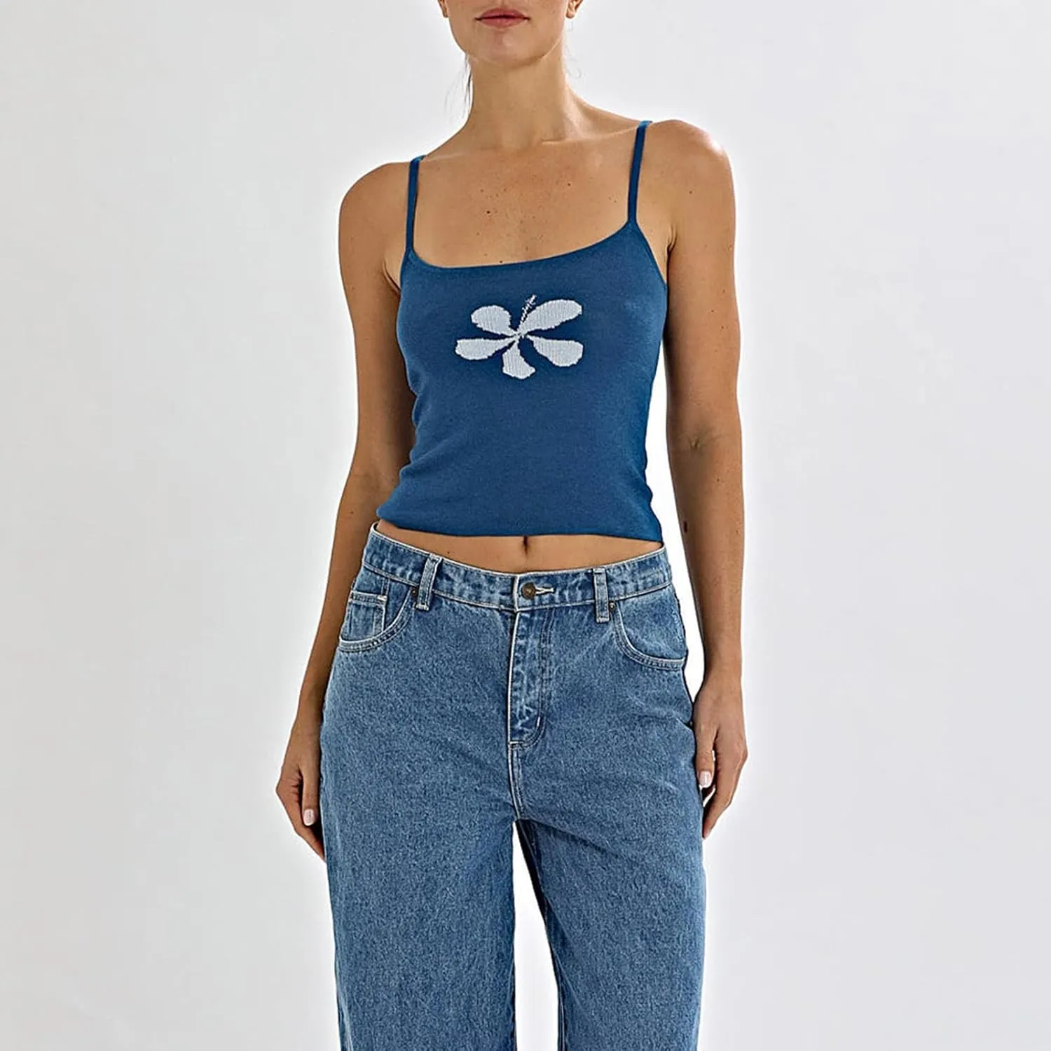Women Y2K Floral Print Cami Tops Spaghetti Strap Sleeveless Knit Cropped Tank Top Summer Aesthetic Slim Fit Camisole