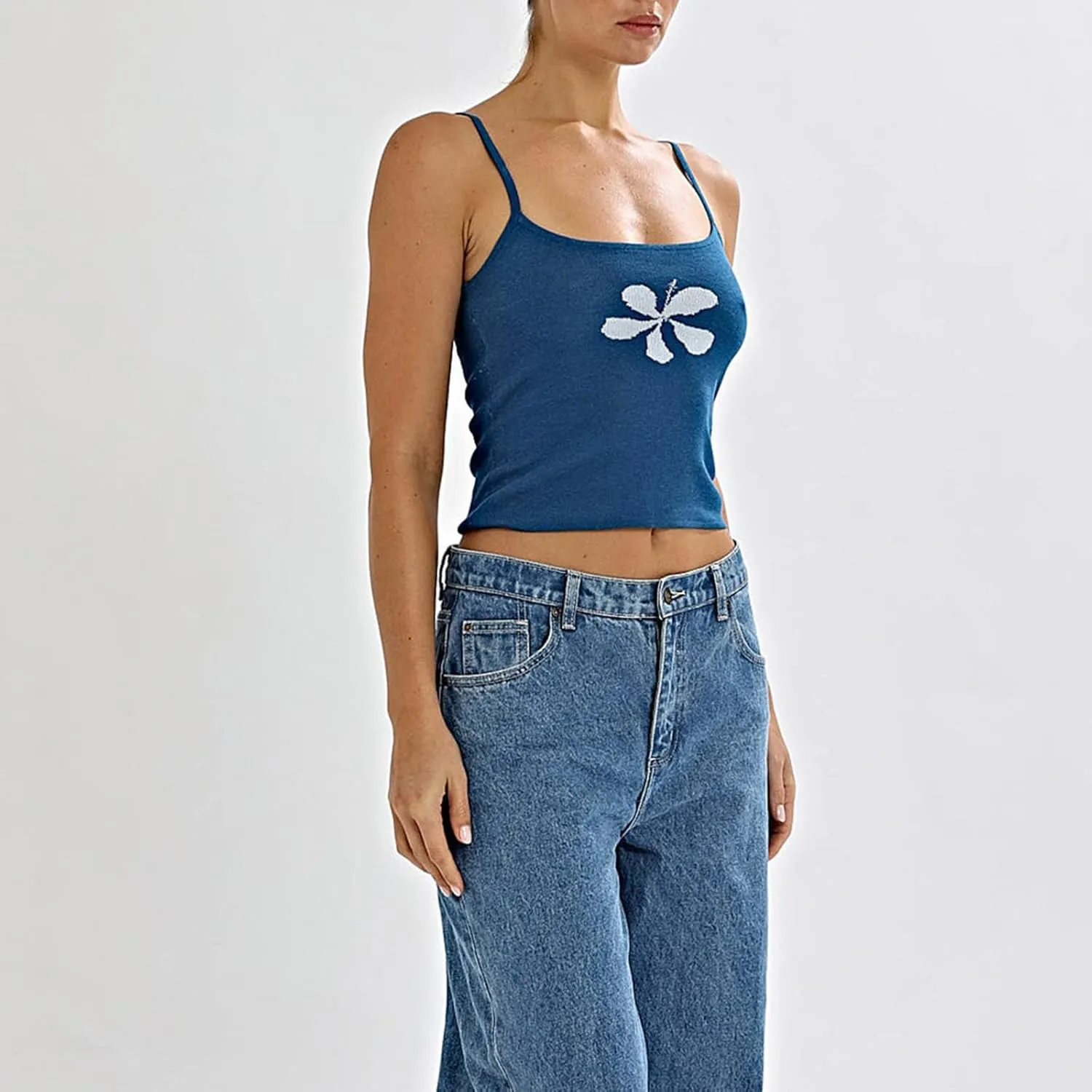 Women Y2K Floral Print Cami Tops Spaghetti Strap Sleeveless Knit Cropped Tank Top Summer Aesthetic Slim Fit Camisole