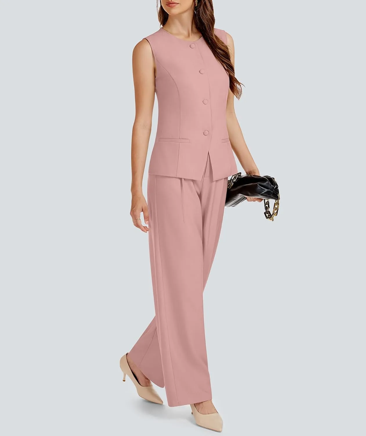 Women's 2 Piece Blazer Outfits Sleeveless Crewneck Vest Wide Leg Pantsuit 2025 Dressy Casual Work Sets
