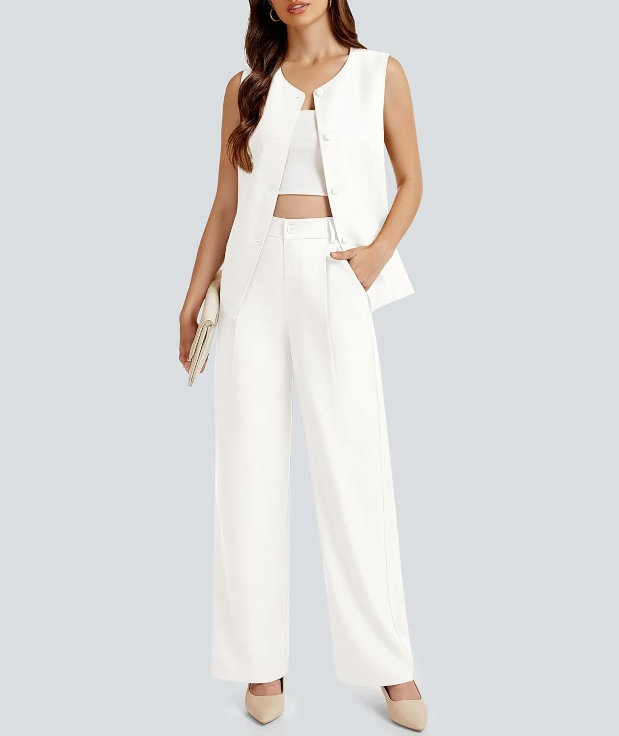 Women's 2 Piece Blazer Outfits Sleeveless Crewneck Vest Wide Leg Pantsuit 2025 Dressy Casual Work Sets