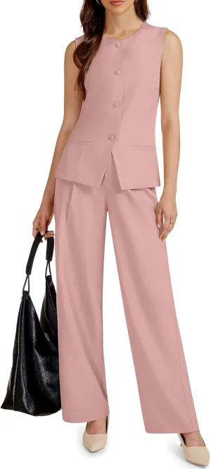 Women's 2 Piece Blazer Outfits Sleeveless Crewneck Vest Wide Leg Pantsuit 2025 Dressy Casual Work Sets