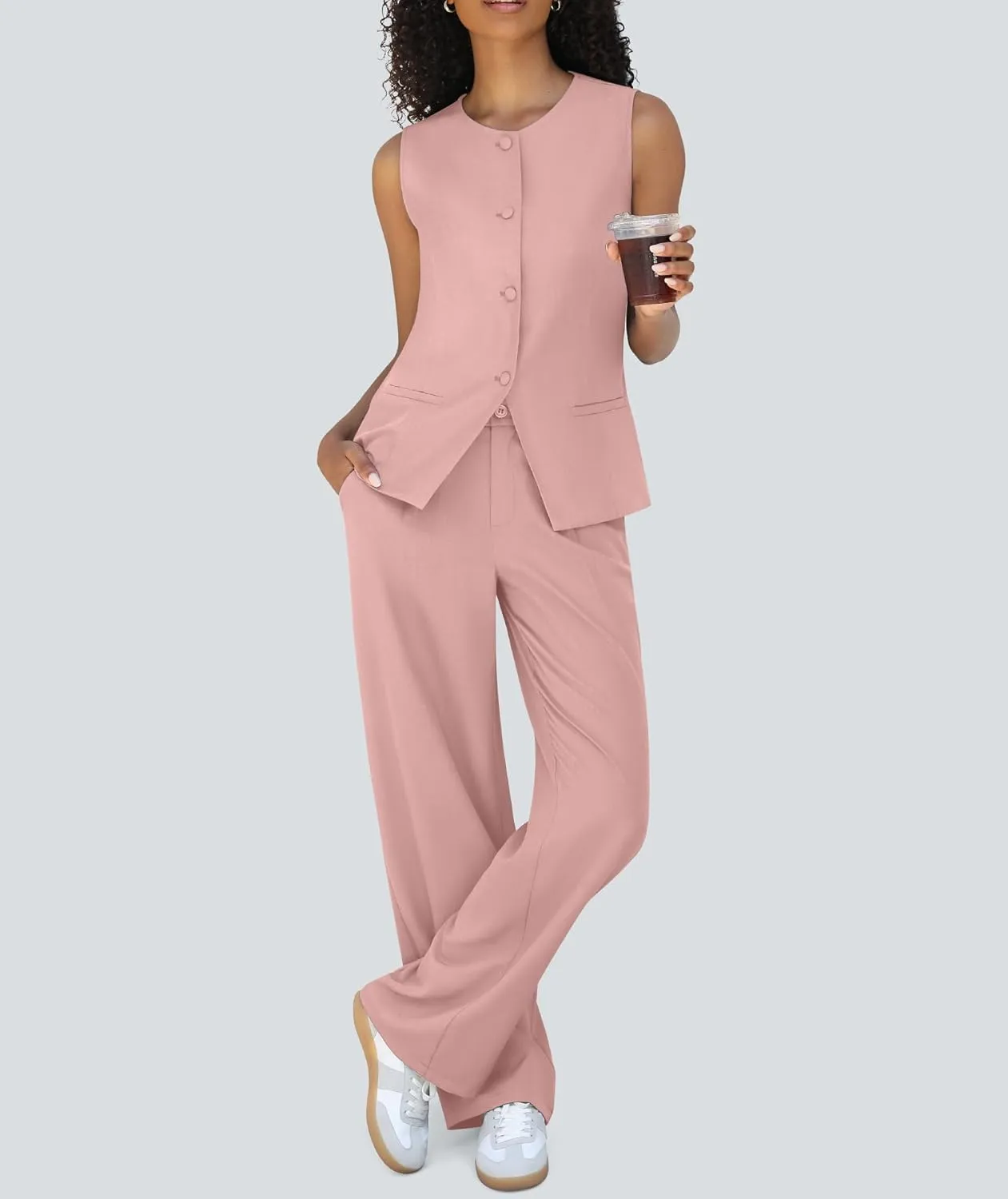 Women's 2 Piece Blazer Outfits Sleeveless Crewneck Vest Wide Leg Pantsuit 2025 Dressy Casual Work Sets