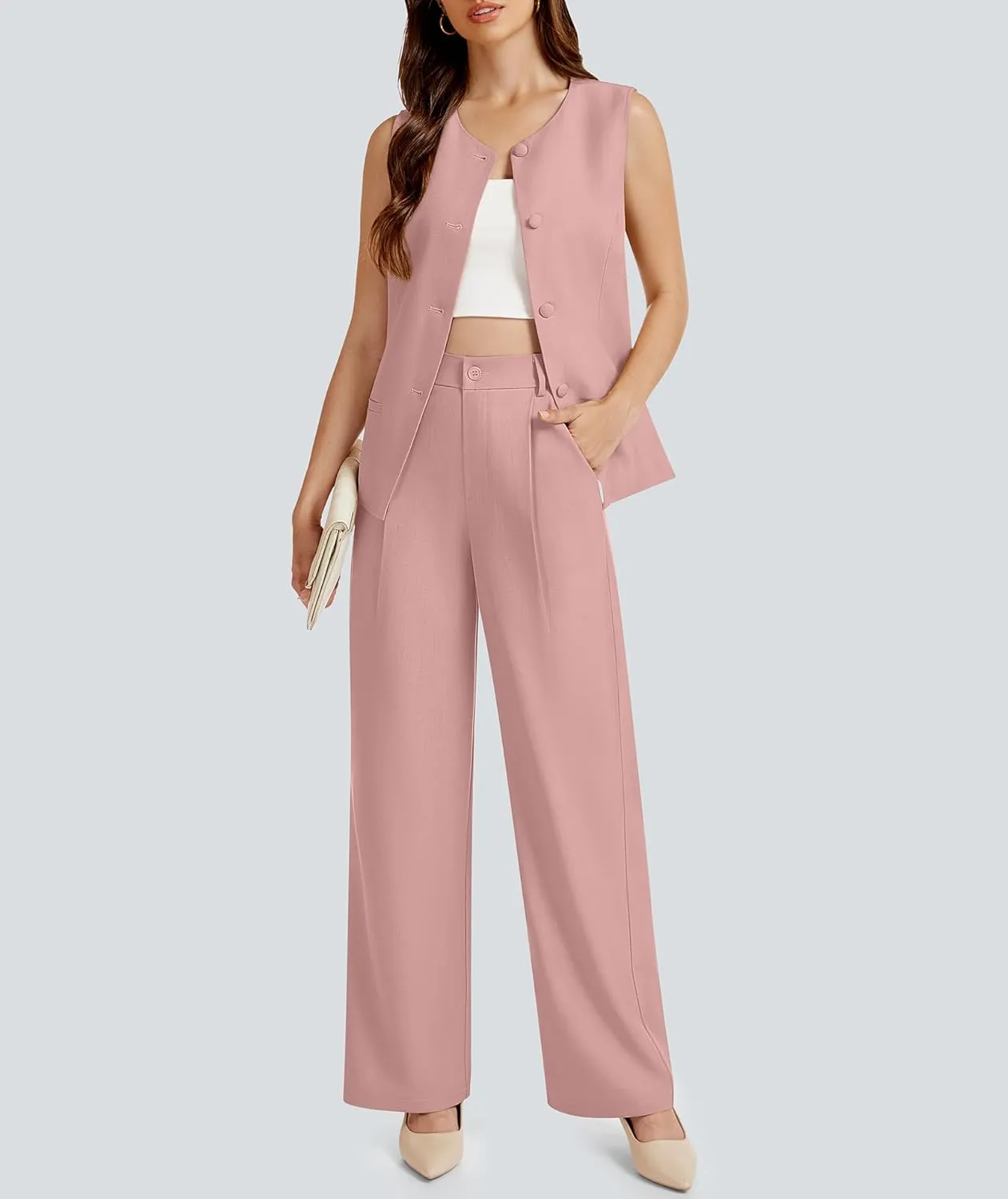 Women's 2 Piece Blazer Outfits Sleeveless Crewneck Vest Wide Leg Pantsuit 2025 Dressy Casual Work Sets