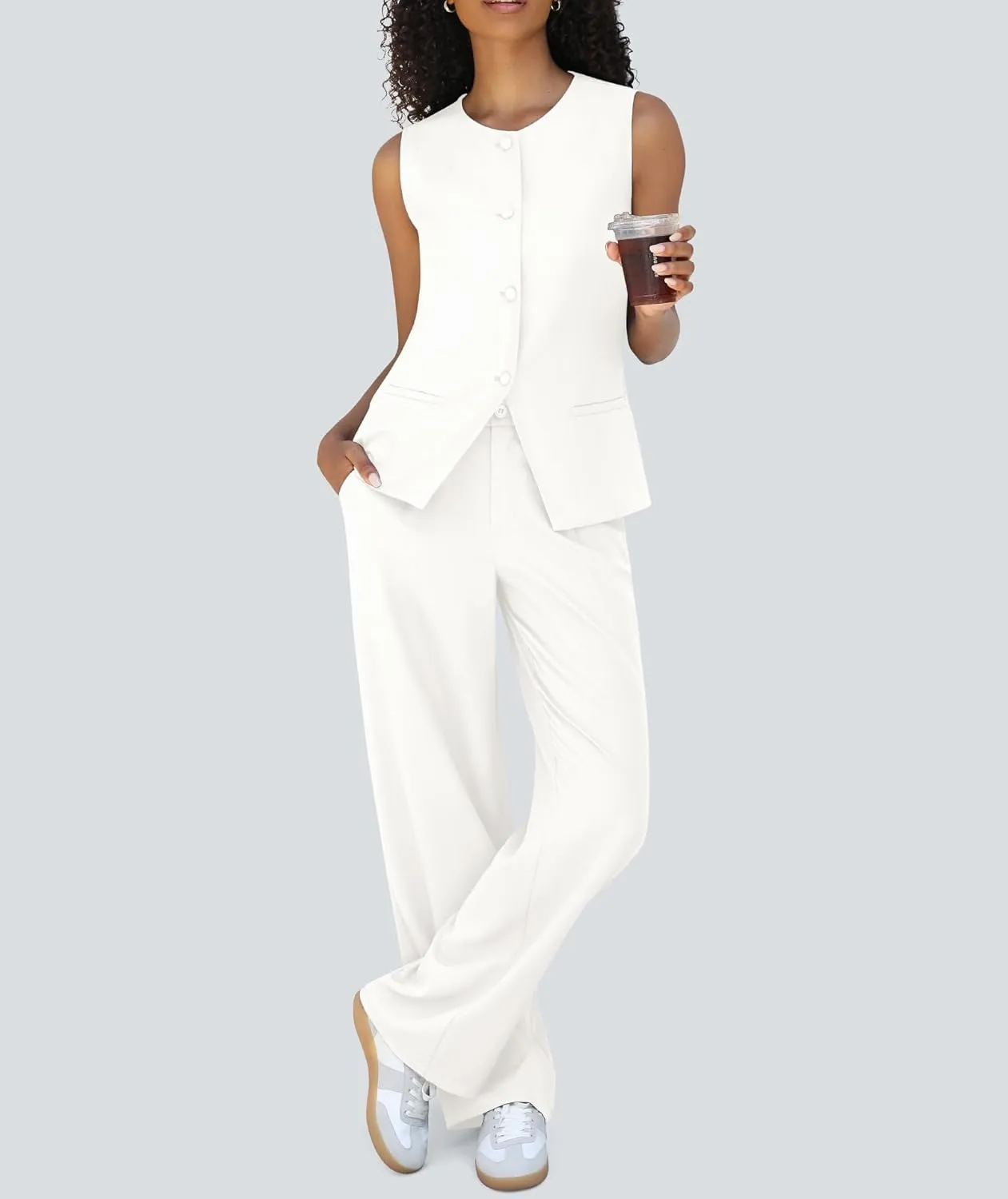 Women's 2 Piece Blazer Outfits Sleeveless Crewneck Vest Wide Leg Pantsuit 2025 Dressy Casual Work Sets