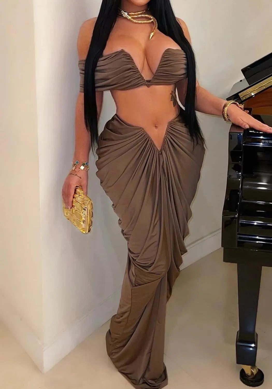 Women's 2 Piece Skirts Sets Strapless Sexy V Neck Tube Tops Ruched Pleated Maxi Skirt Cocktail Outfits Clubwear