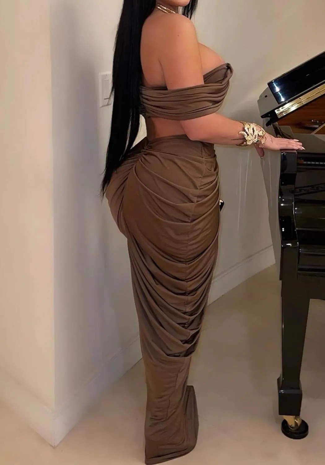 Women's 2 Piece Skirts Sets Strapless Sexy V Neck Tube Tops Ruched Pleated Maxi Skirt Cocktail Outfits Clubwear