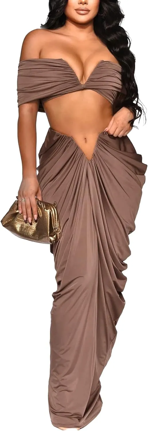 Women's 2 Piece Skirts Sets Strapless Sexy V Neck Tube Tops Ruched Pleated Maxi Skirt Cocktail Outfits Clubwear