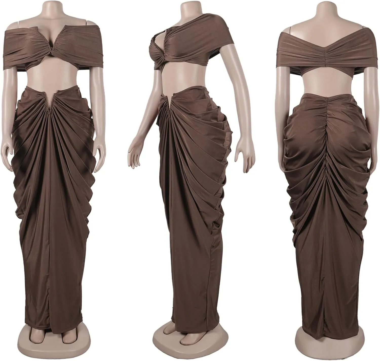 Women's 2 Piece Skirts Sets Strapless Sexy V Neck Tube Tops Ruched Pleated Maxi Skirt Cocktail Outfits Clubwear