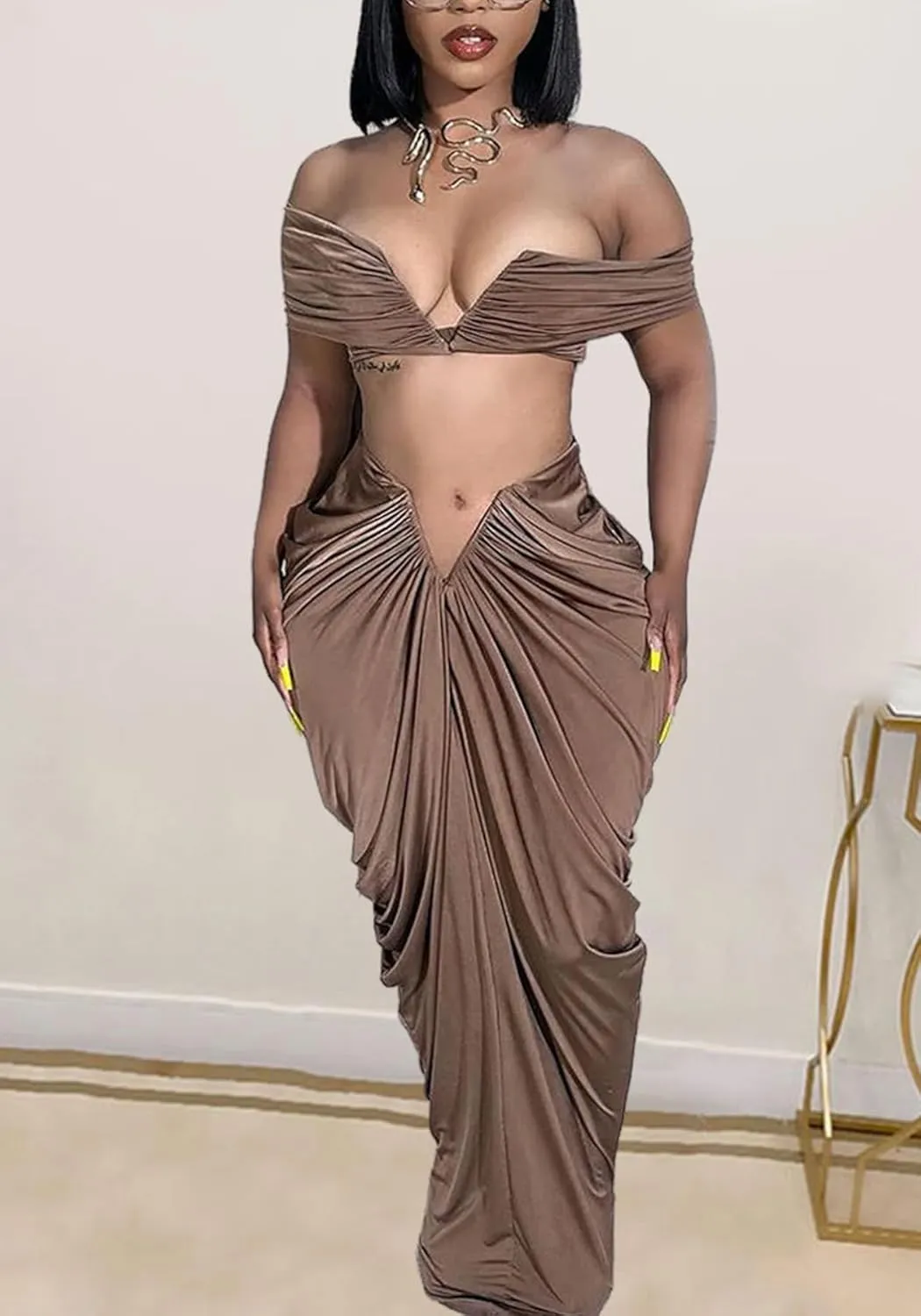 Women's 2 Piece Skirts Sets Strapless Sexy V Neck Tube Tops Ruched Pleated Maxi Skirt Cocktail Outfits Clubwear