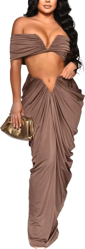 Women's 2 Piece Skirts Sets Strapless Sexy V Neck Tube Tops Ruched Pleated Maxi Skirt Cocktail Outfits Clubwear