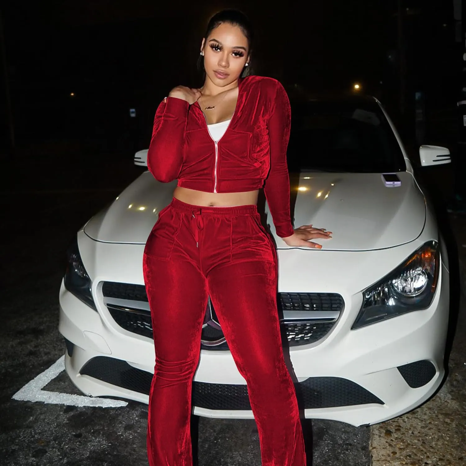 Womens 2 Piece Velour Tracksuit Two Piece Outfits for Women, Long Sleeve Crop Tops Flared Pants Jogging Sets