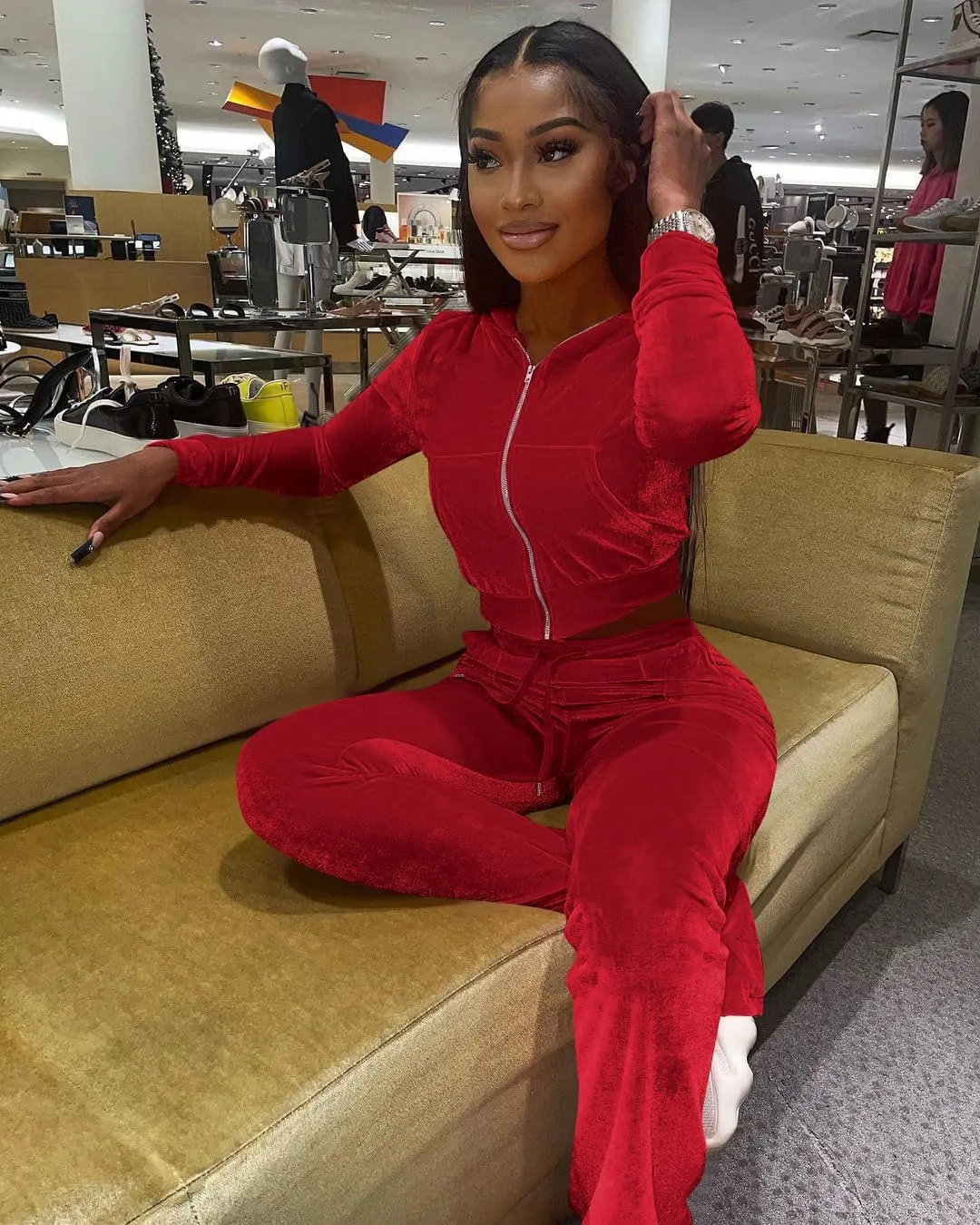 Womens 2 Piece Velour Tracksuit Two Piece Outfits for Women, Long Sleeve Crop Tops Flared Pants Jogging Sets