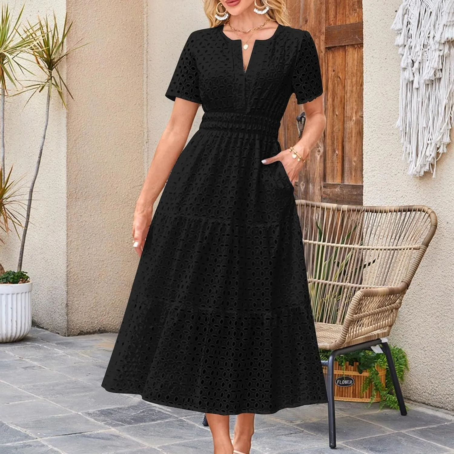Women's 2025 Summer Maxi Dress V Neck Short Sleeve Hollow Out Casual Eyelet Ruffle Swing A Line Boho Long Dresses