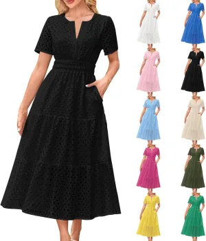 Women's 2025 Summer Maxi Dress V Neck Short Sleeve Hollow Out Casual Eyelet Ruffle Swing A Line Boho Long Dresses