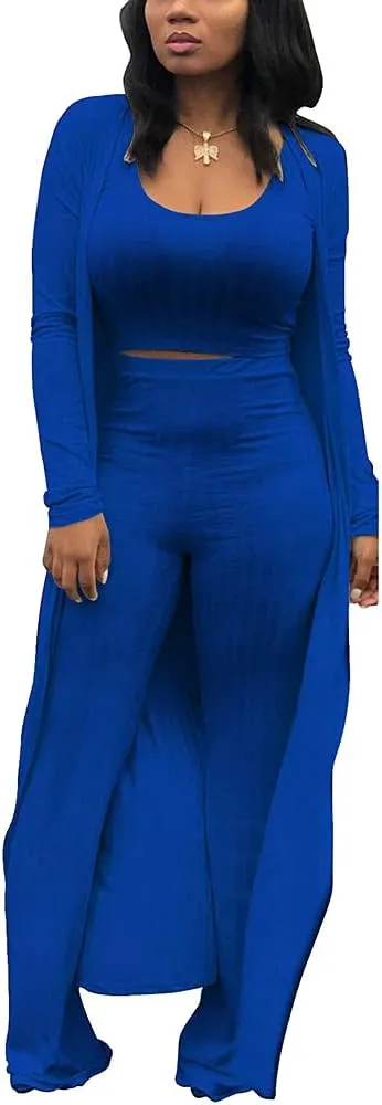 Womens 3 Piece Casual Outfits Open Front Rib Cardigan Crop Tank Tops Wide Legs Pants Duster Lounge Sets