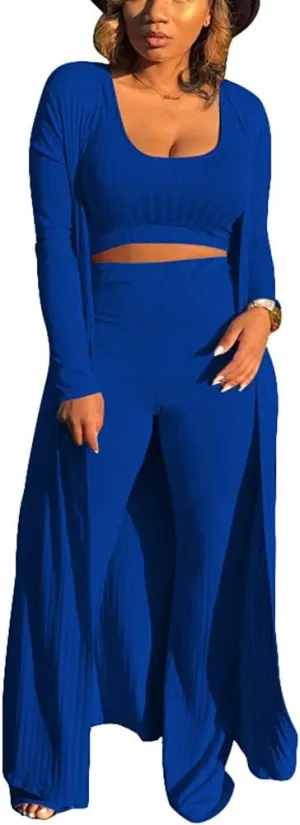 Womens 3 Piece Casual Outfits Open Front Rib Cardigan Crop Tank Tops Wide Legs Pants Duster Lounge Sets