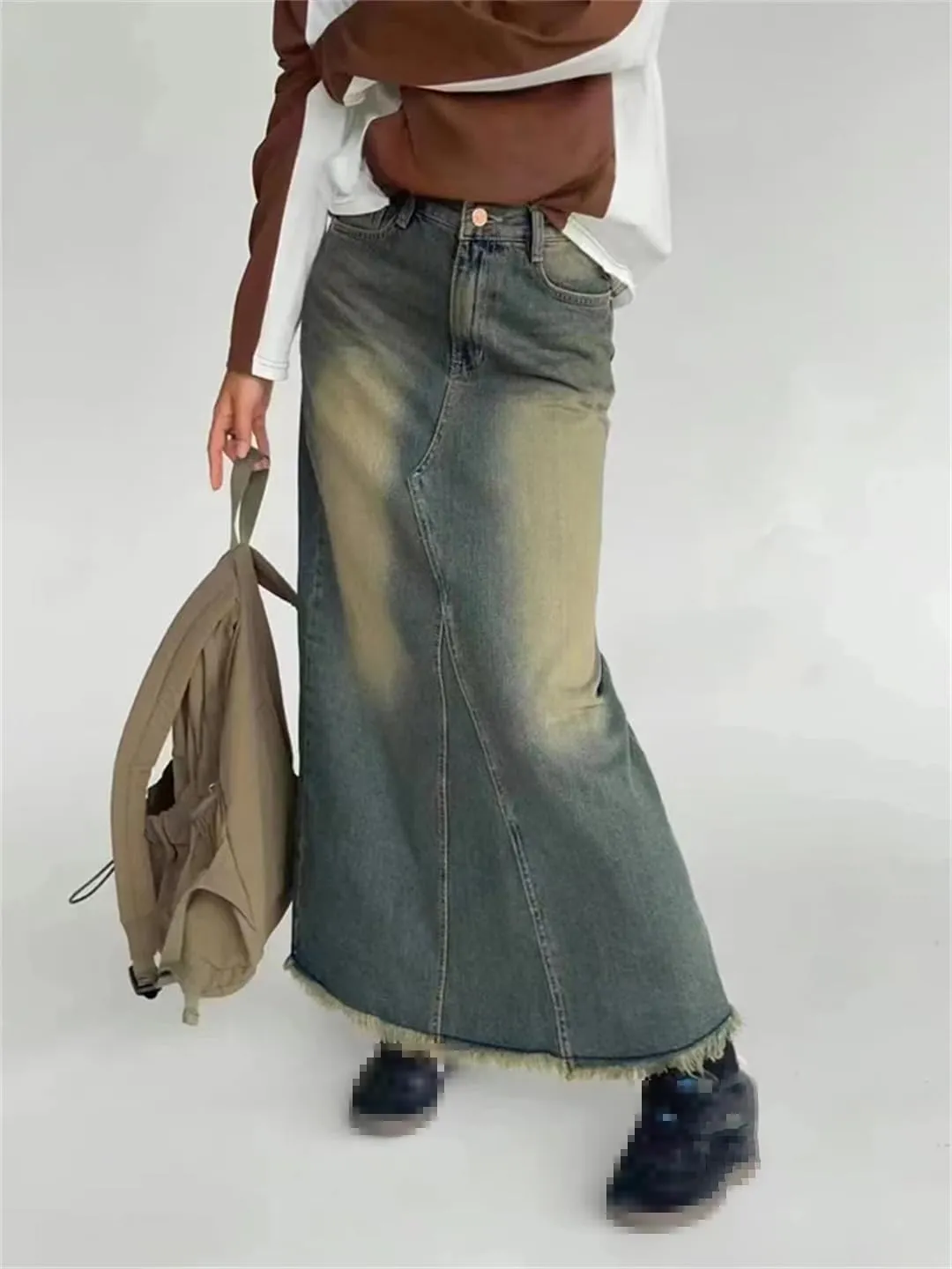 Women's Back Slit Fringed Maxi Denim Skirts with 5-Pocket High Waisted Distressed Washed Jeans Skirt