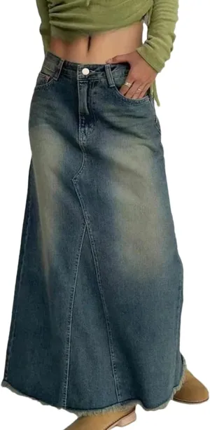 Women's Back Slit Fringed Maxi Denim Skirts with 5-Pocket High Waisted Distressed Washed Jeans Skirt