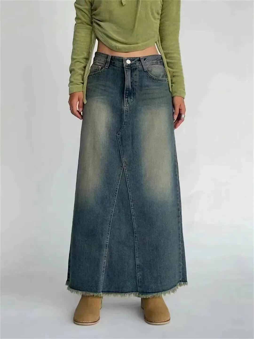 Women's Back Slit Fringed Maxi Denim Skirts with 5-Pocket High Waisted Distressed Washed Jeans Skirt