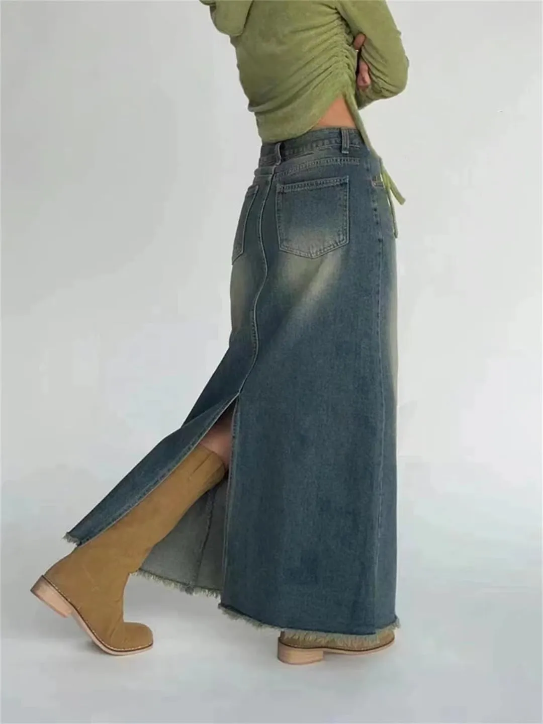Women's Back Slit Fringed Maxi Denim Skirts with 5-Pocket High Waisted Distressed Washed Jeans Skirt