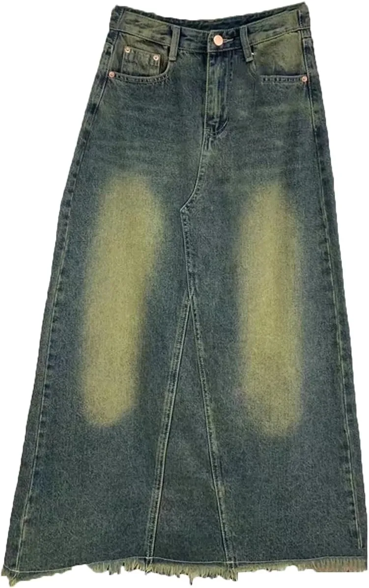 Women's Back Slit Fringed Maxi Denim Skirts with 5-Pocket High Waisted Distressed Washed Jeans Skirt