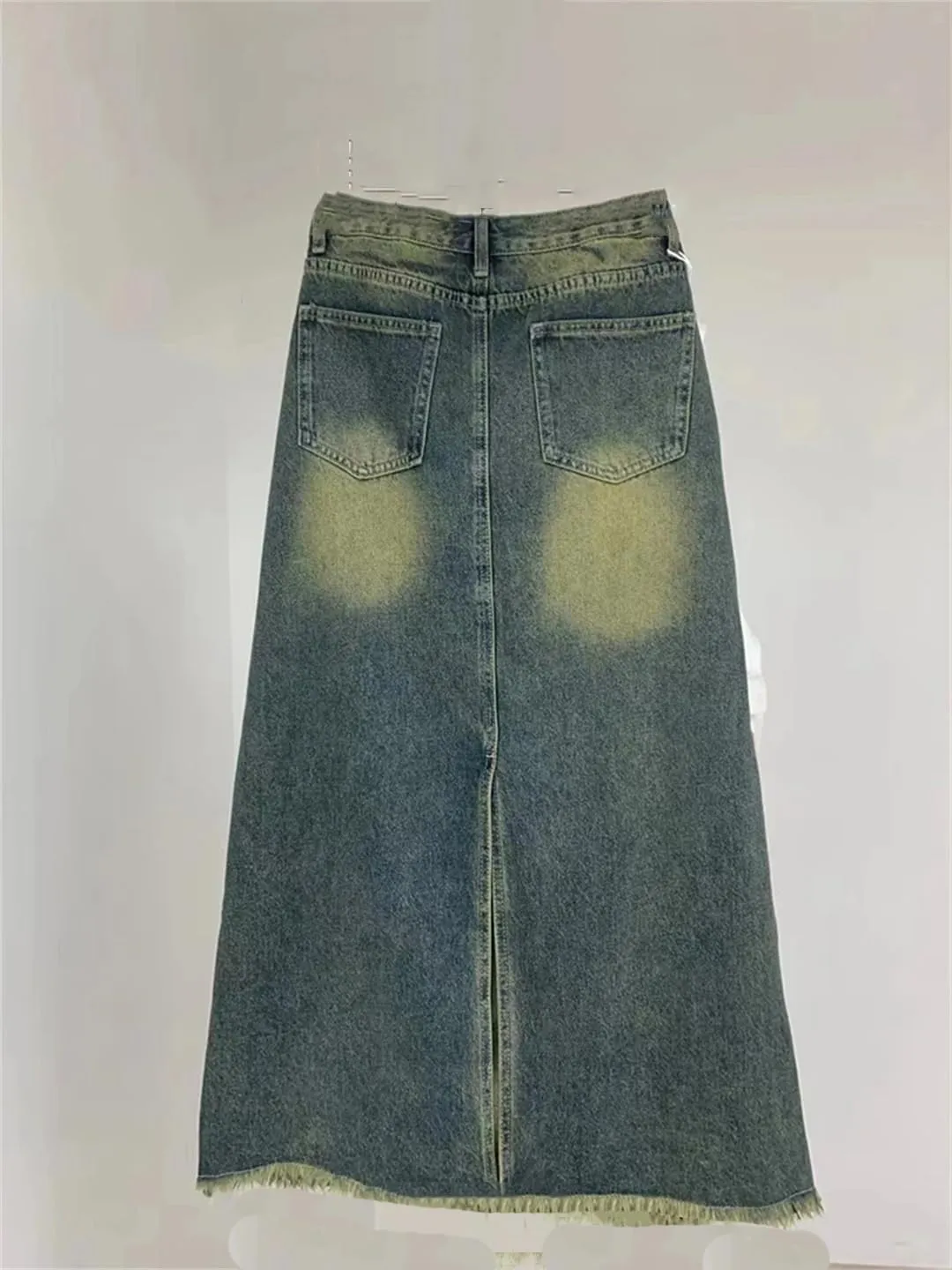 Women's Back Slit Fringed Maxi Denim Skirts with 5-Pocket High Waisted Distressed Washed Jeans Skirt