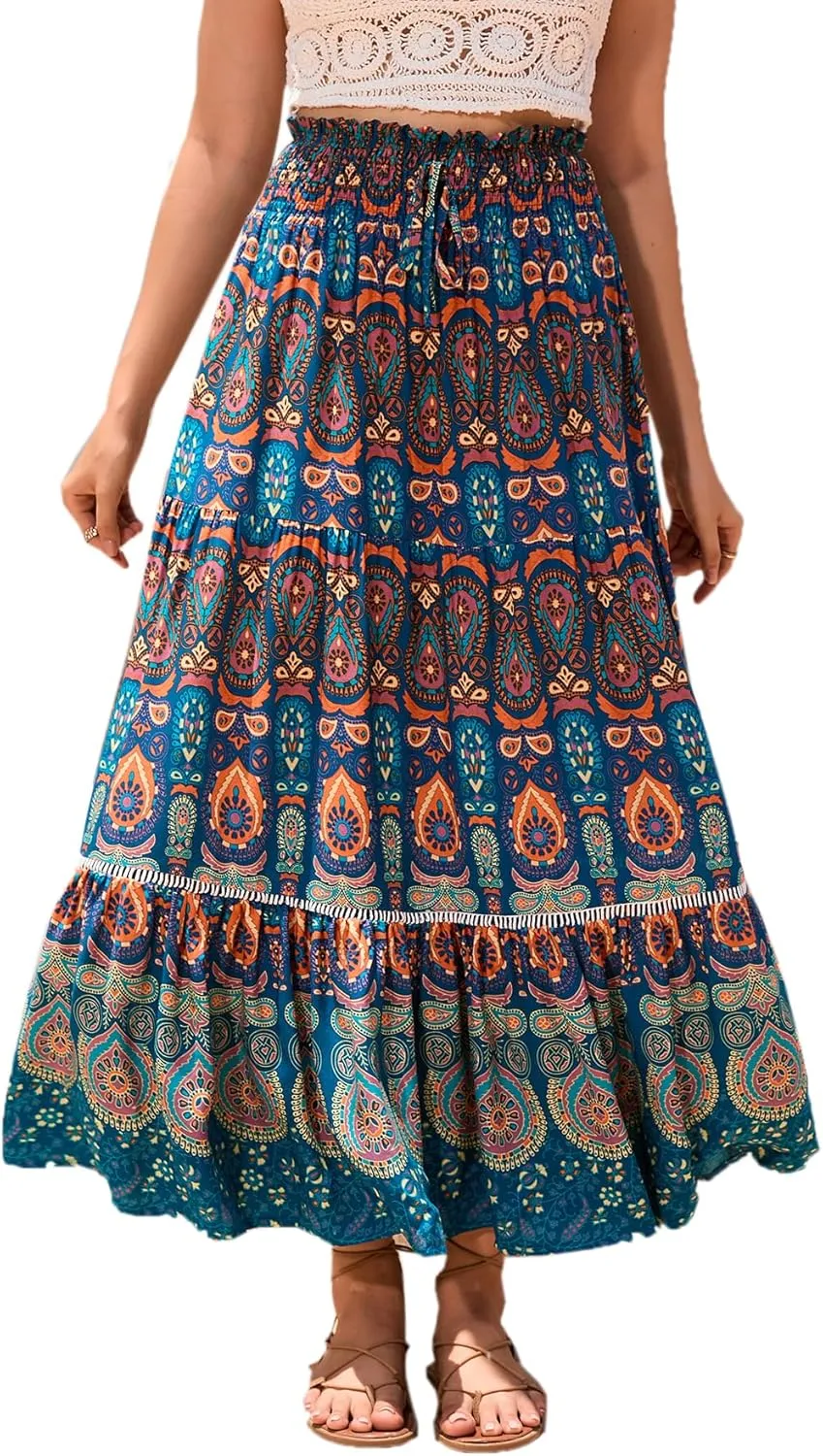 Women's Bohemian Floral Print Summer Flowy Printed Elastic Waist Pleated Maxi Skirts