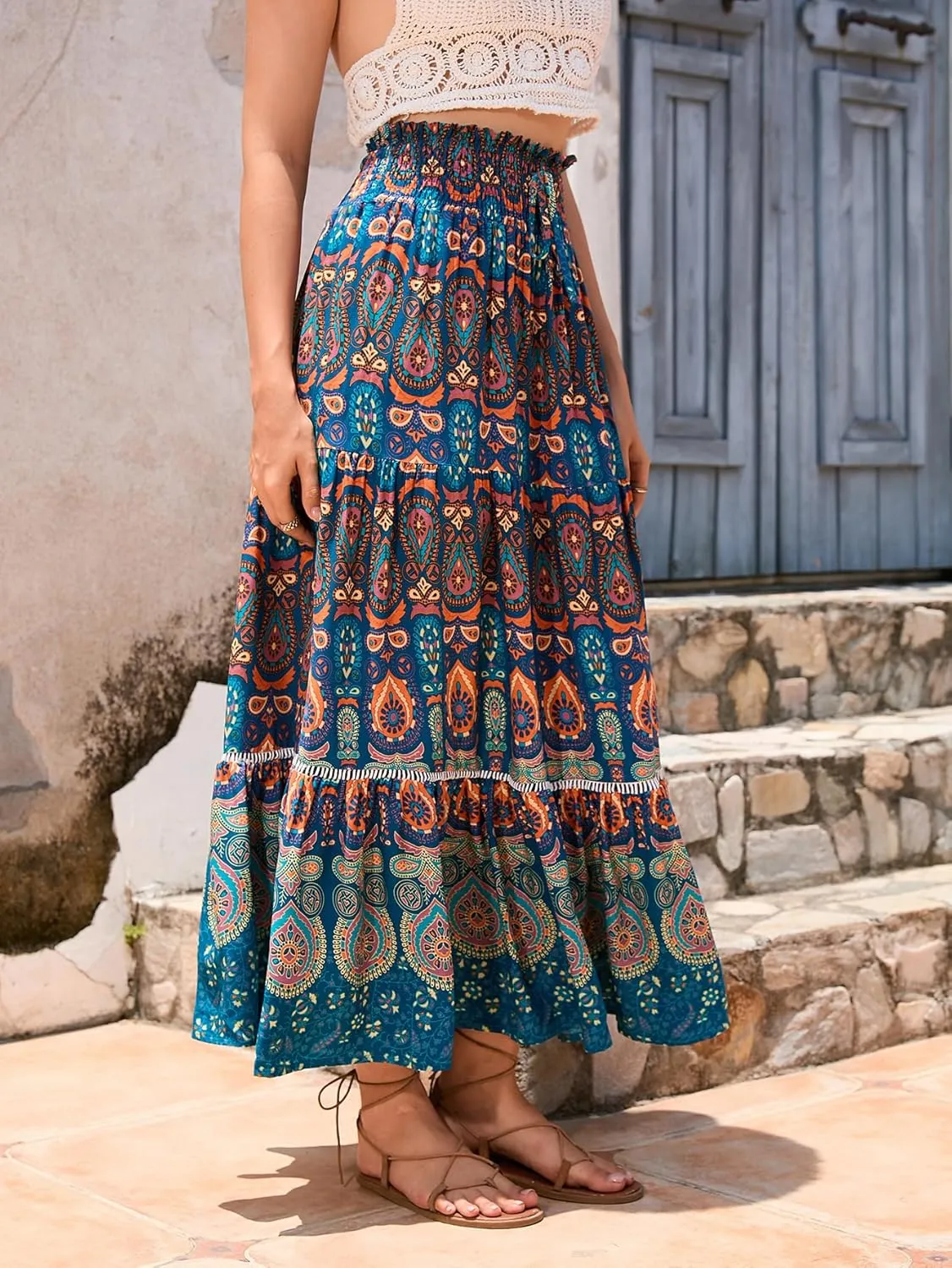 Women's Bohemian Floral Print Summer Flowy Printed Elastic Waist Pleated Maxi Skirts