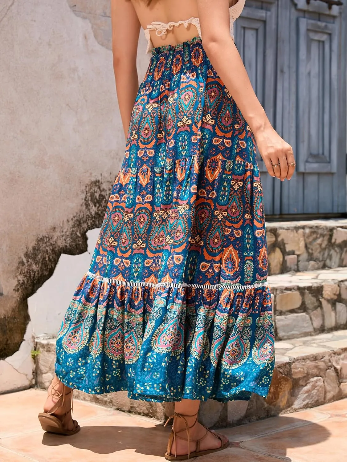 Women's Bohemian Floral Print Summer Flowy Printed Elastic Waist Pleated Maxi Skirts