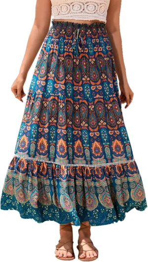 Women's Bohemian Floral Print Summer Flowy Printed Elastic Waist Pleated Maxi Skirts