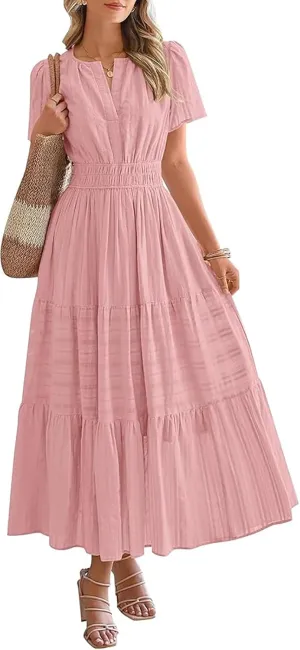 Women's Boho Floral Midi Dress Ruffle Hem Puffy Short Sleeve Summer Maxi Dress
