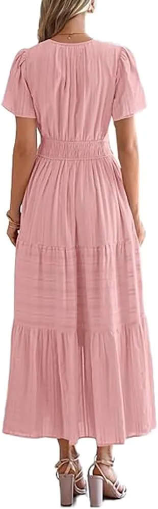 Women's Boho Floral Midi Dress Ruffle Hem Puffy Short Sleeve Summer Maxi Dress