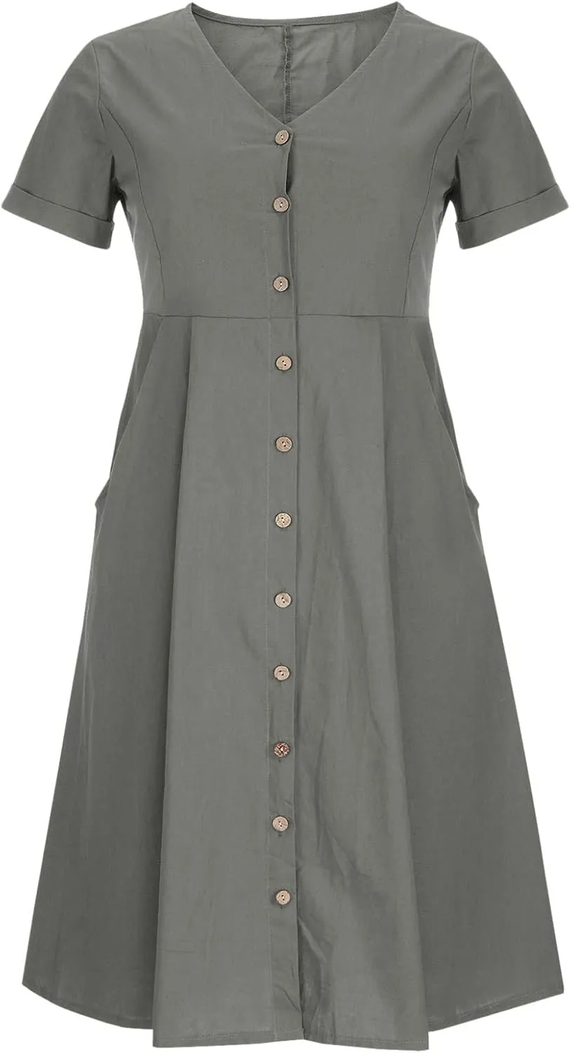 Womens Button Down Cotton Linen Empire Waist Dress Summer Trendy V Neck Short Sleeve Elegant Midi A-Line Dresses