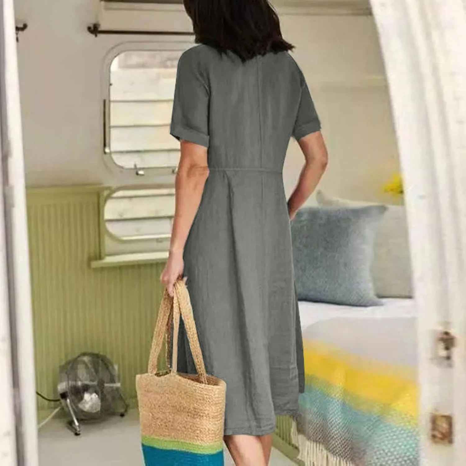 Womens Button Down Cotton Linen Empire Waist Dress Summer Trendy V Neck Short Sleeve Elegant Midi A-Line Dresses