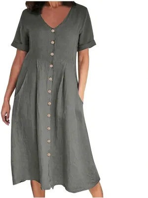 Womens Button Down Cotton Linen Empire Waist Dress Summer Trendy V Neck Short Sleeve Elegant Midi A-Line Dresses