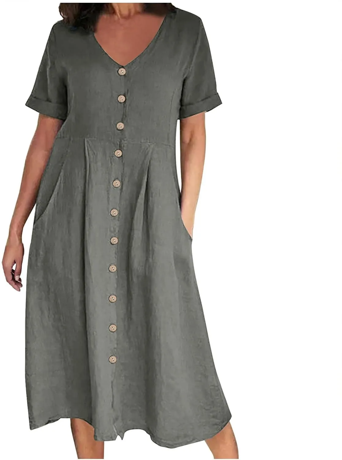 Womens Button Down Cotton Linen Empire Waist Dress Summer Trendy V Neck Short Sleeve Elegant Midi A-Line Dresses