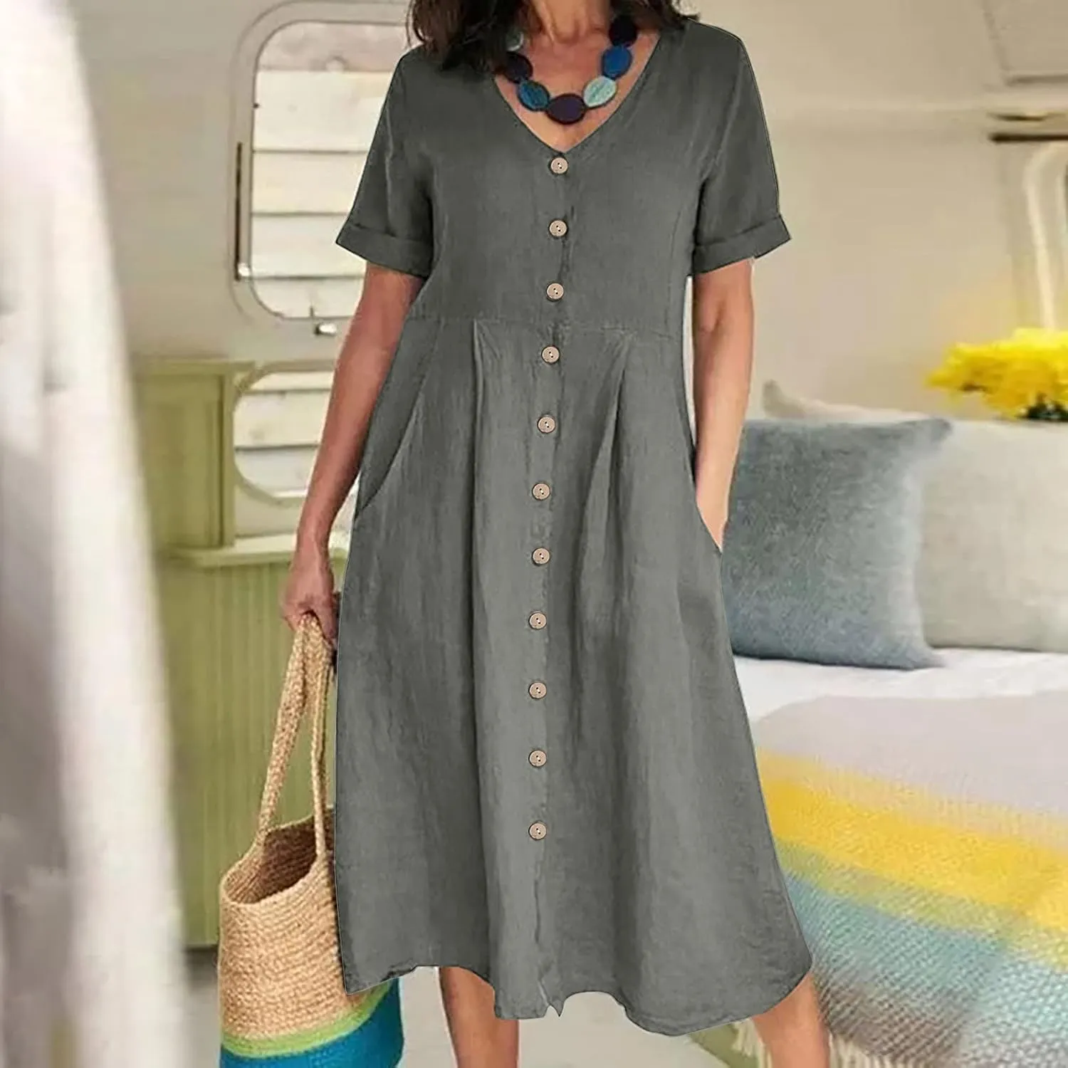 Womens Button Down Cotton Linen Empire Waist Dress Summer Trendy V Neck Short Sleeve Elegant Midi A-Line Dresses