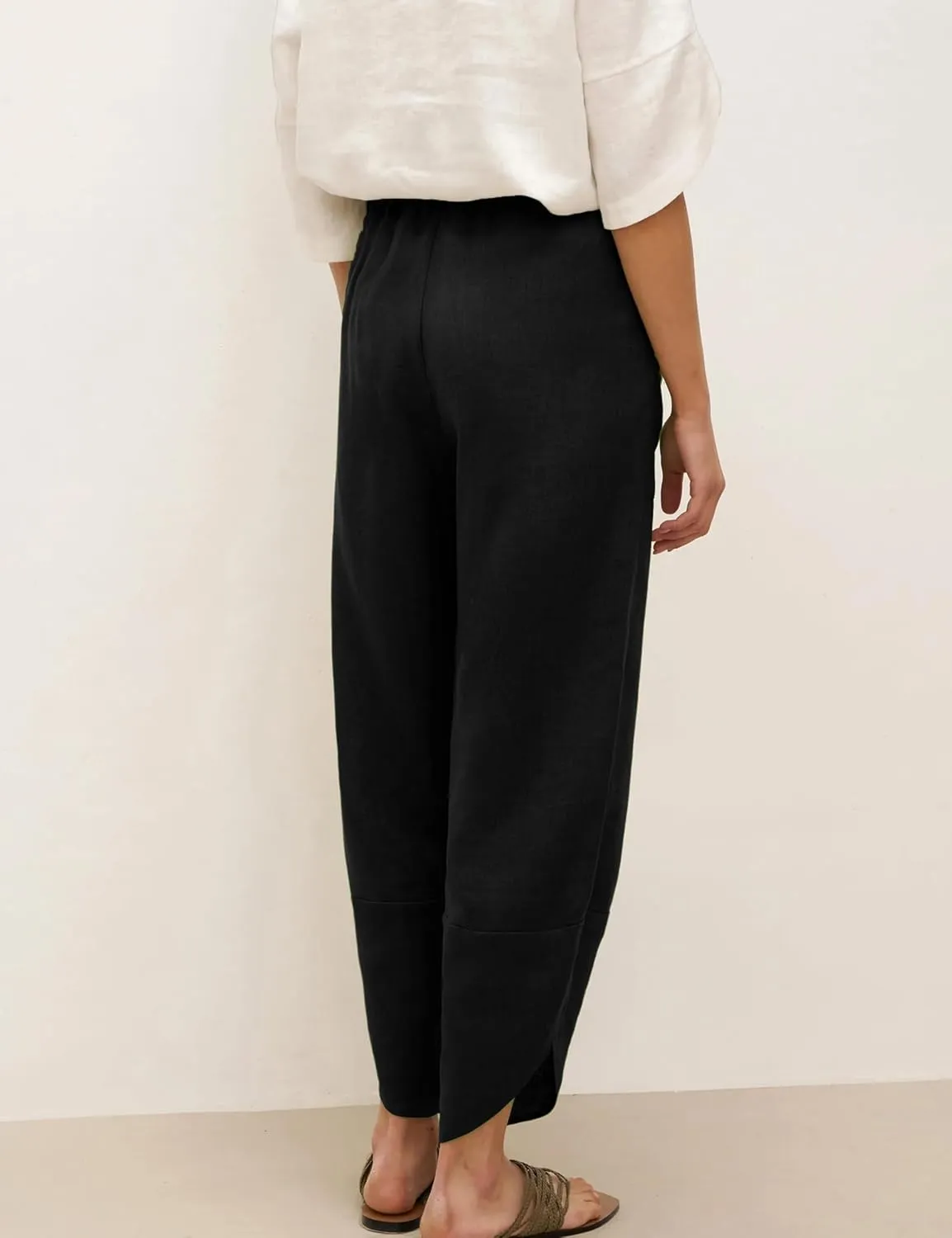 Womens Capri Pants Baggy Wide Leg Pants Linen Elastic Waisted Loose Palazzo Harem Pants with Pockets