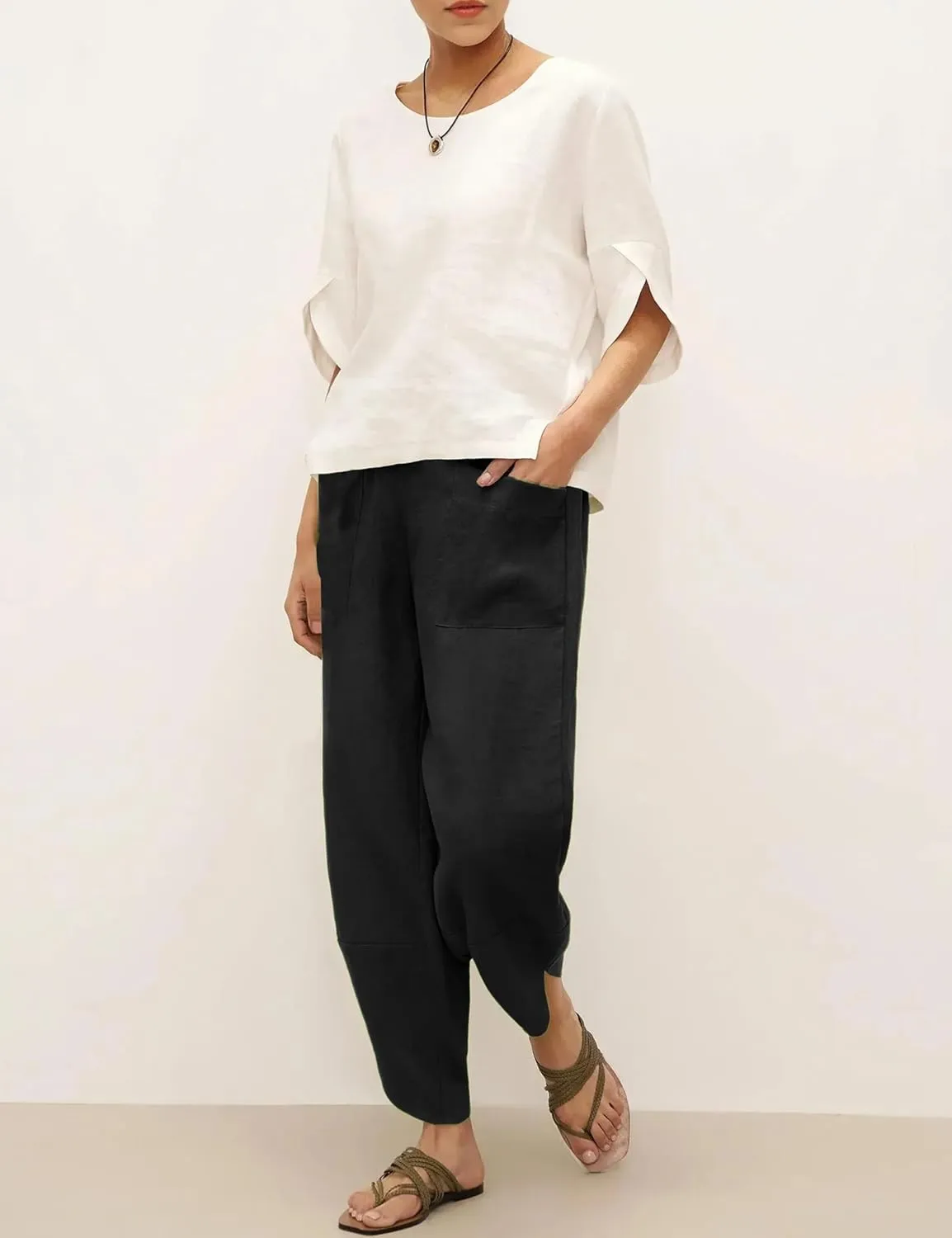 Womens Capri Pants Baggy Wide Leg Pants Linen Elastic Waisted Loose Palazzo Harem Pants with Pockets