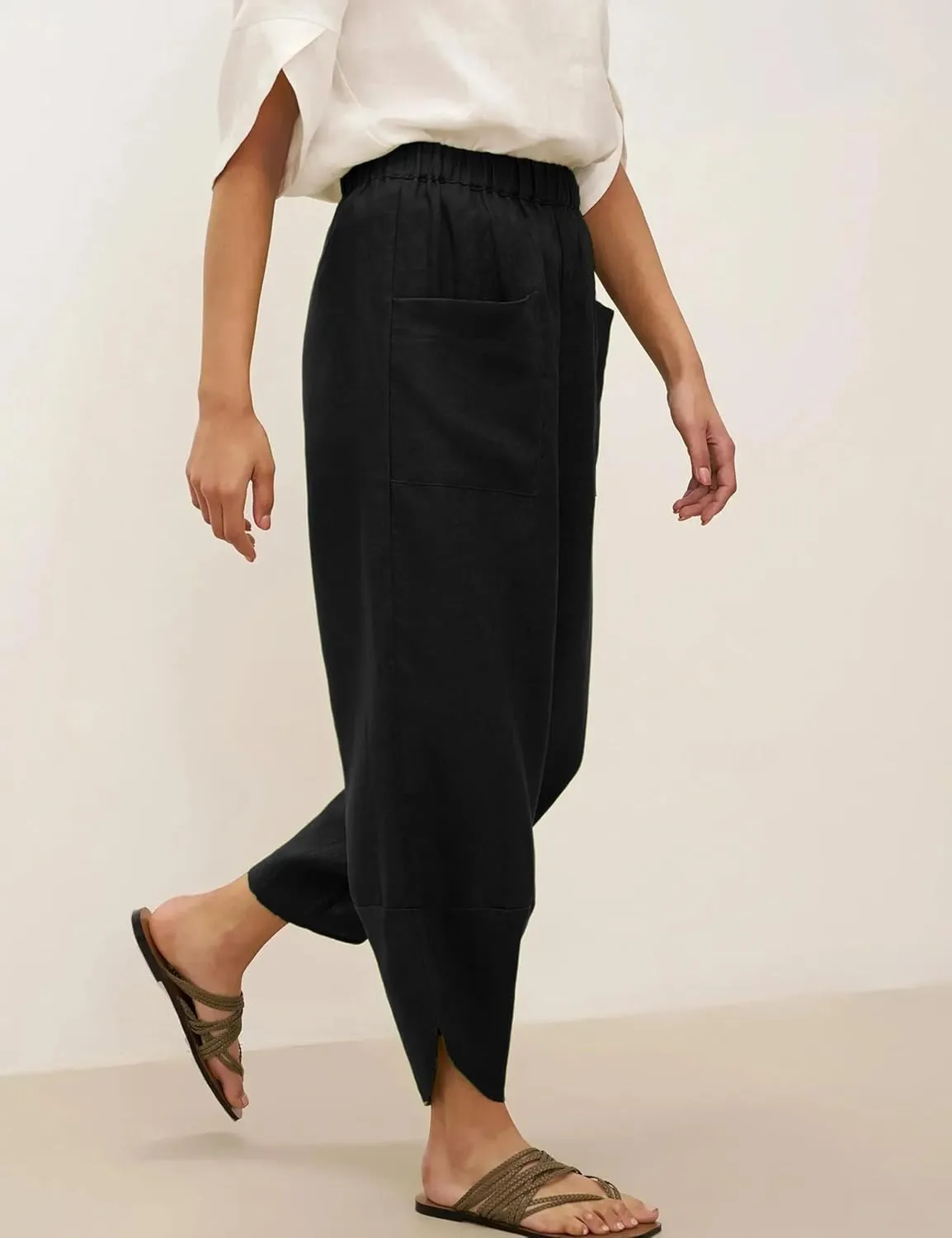 Womens Capri Pants Baggy Wide Leg Pants Linen Elastic Waisted Loose Palazzo Harem Pants with Pockets