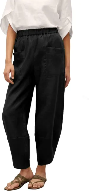 Womens Capri Pants Baggy Wide Leg Pants Linen Elastic Waisted Loose Palazzo Harem Pants with Pockets