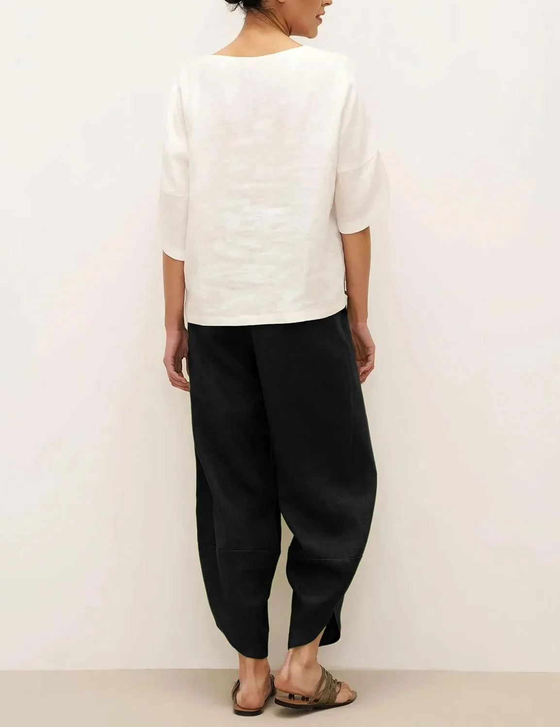 Womens Capri Pants Baggy Wide Leg Pants Linen Elastic Waisted Loose Palazzo Harem Pants with Pockets