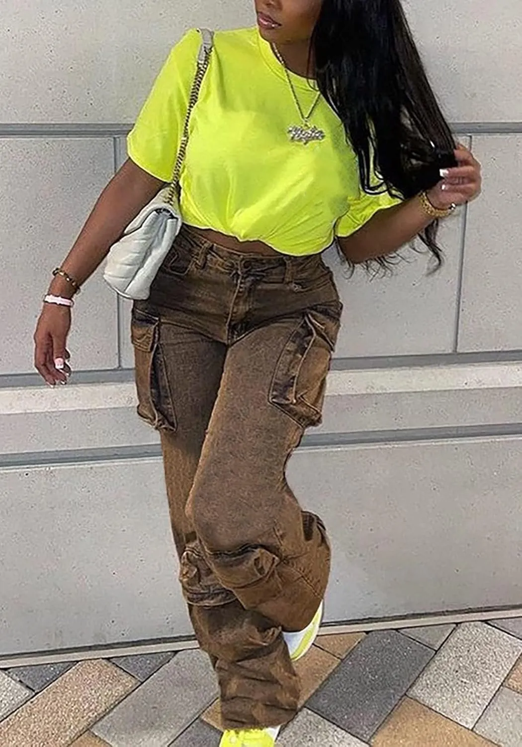 Women's Cargo Pants Y2K High Waisted Baggy Jeans Flap Pocket Wide Leg Denim Pants Streetwear