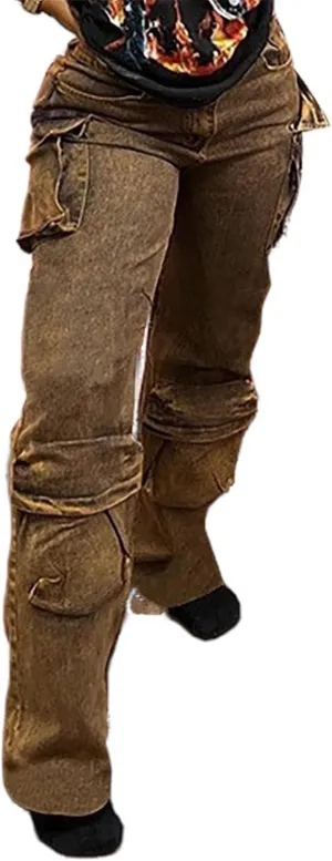 Women's Cargo Pants Y2K High Waisted Baggy Jeans Flap Pocket Wide Leg Denim Pants Streetwear
