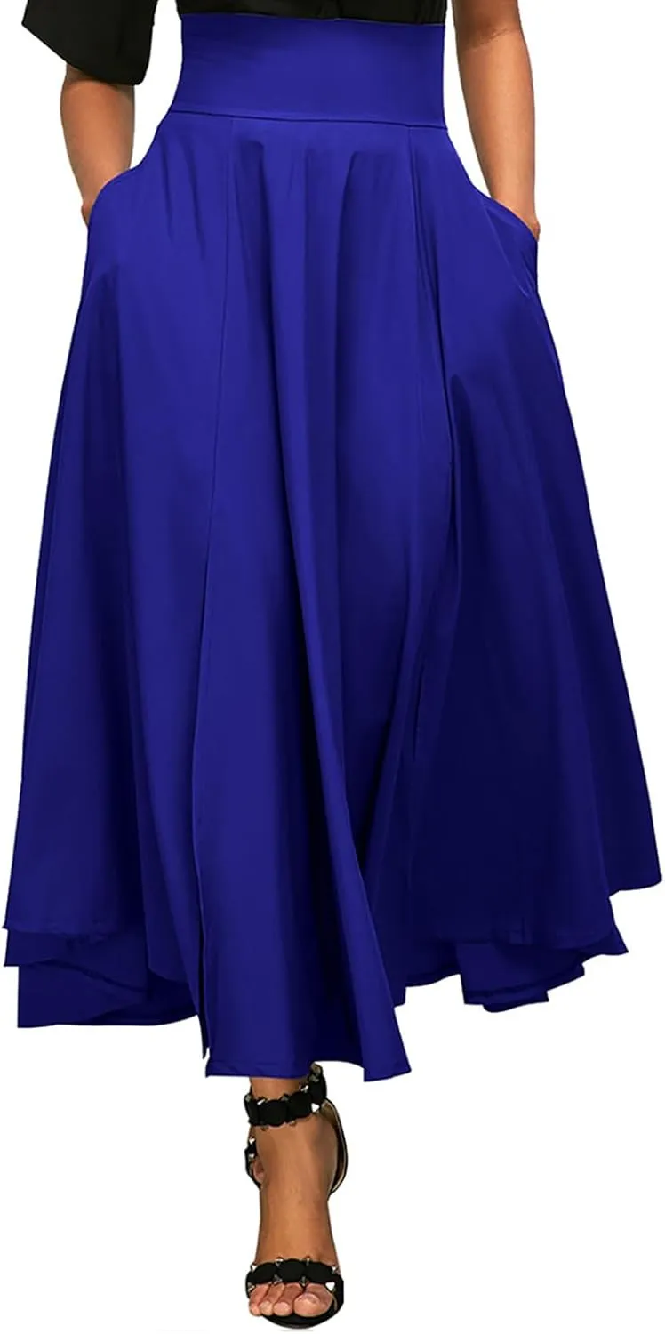 Women's Casual High-Waisted Pleated Maxi Skirt with PocketsSolid Long Vintage Strappy Skirt