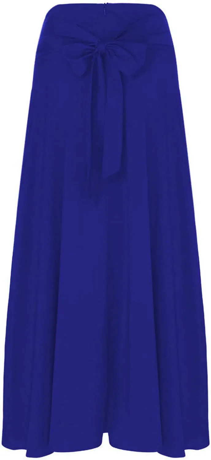 Women's Casual High-Waisted Pleated Maxi Skirt with PocketsSolid Long Vintage Strappy Skirt