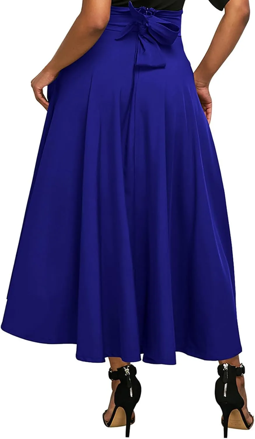 Women's Casual High-Waisted Pleated Maxi Skirt with PocketsSolid Long Vintage Strappy Skirt