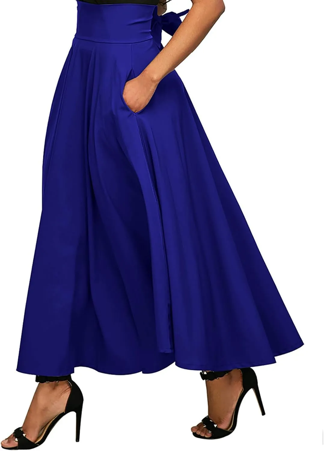 Women's Casual High-Waisted Pleated Maxi Skirt with PocketsSolid Long Vintage Strappy Skirt