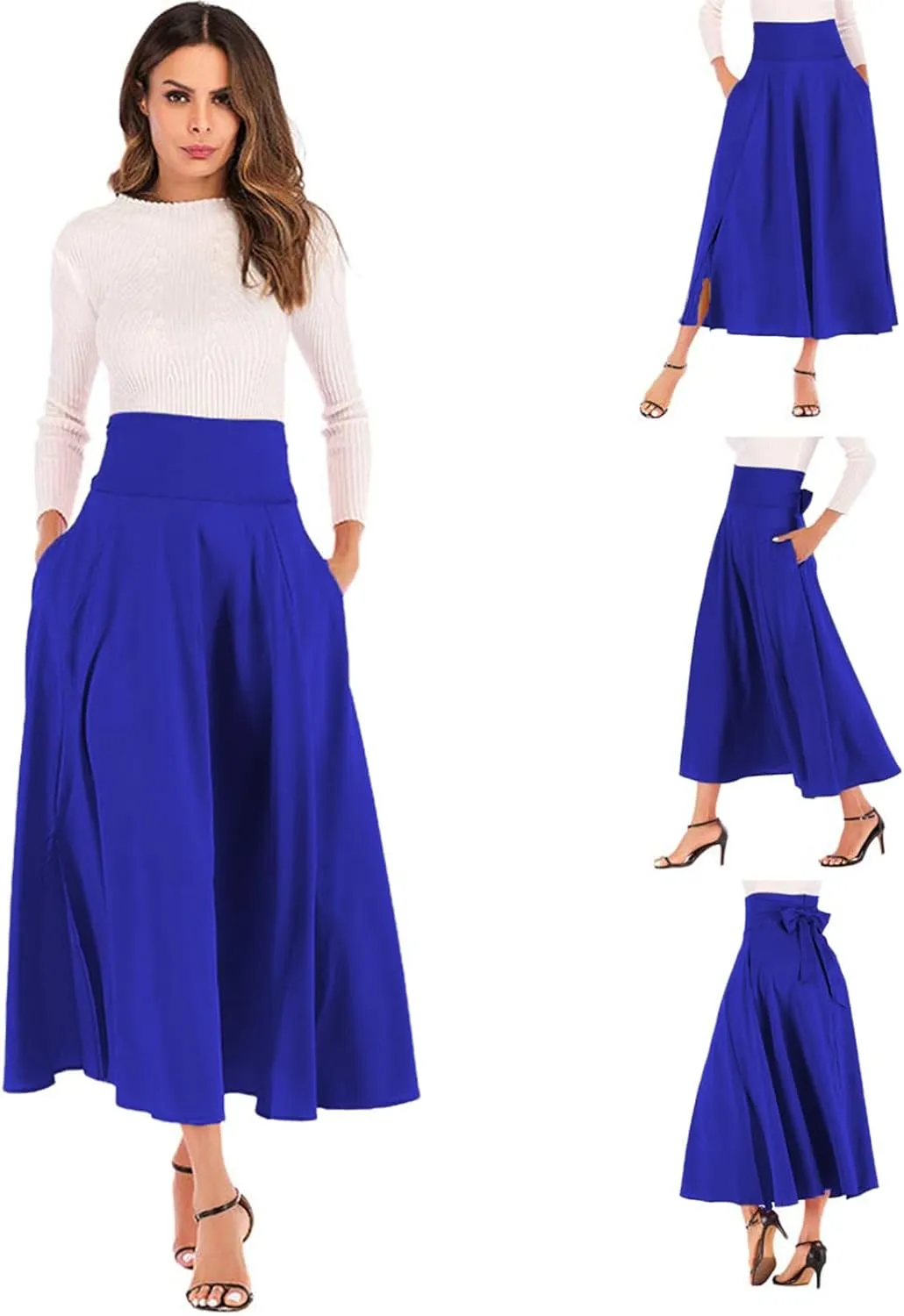 Women's Casual High-Waisted Pleated Maxi Skirt with PocketsSolid Long Vintage Strappy Skirt