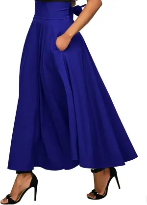 Women's Casual High-Waisted Pleated Maxi Skirt with PocketsSolid Long Vintage Strappy Skirt